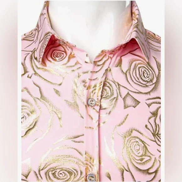 Zeroyaa Men’s Nightclub Slim Fit Pink/Gold Print XL Button Down Long Sleeve - Picture 3 of 11